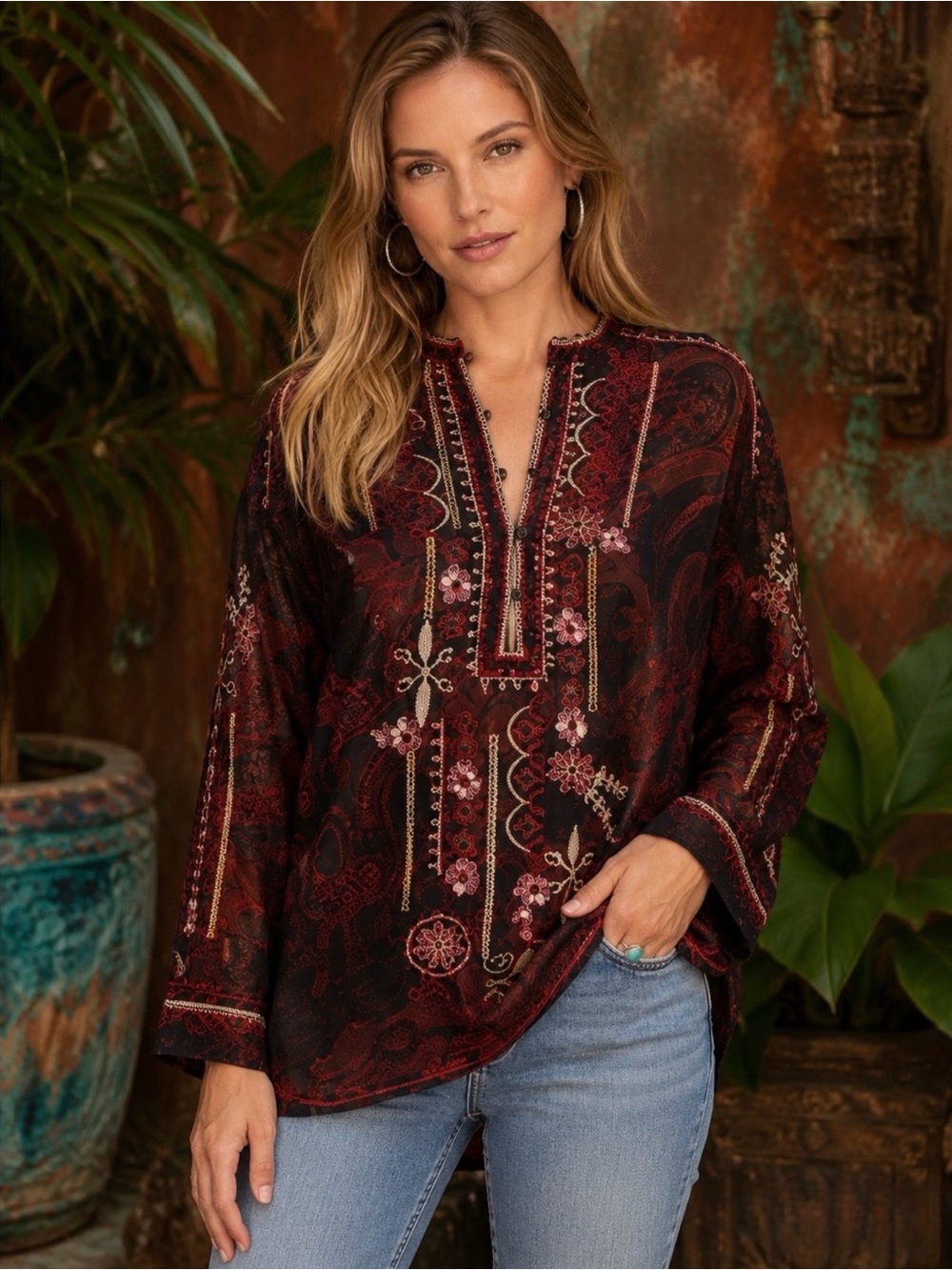 Johnny Was Biya Bellina Silk Tunic Sz M